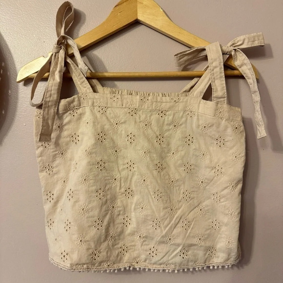 Aerie  Tan Embroidered Eyelet Crop Top Tie Shoulder Size S - Picture 1 of 6